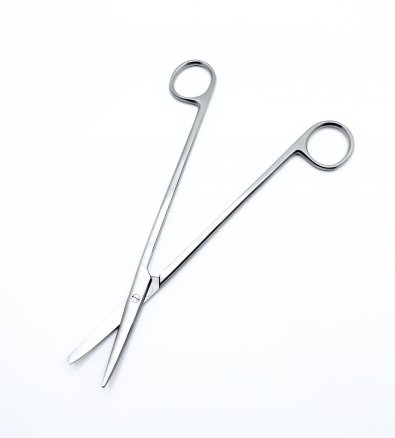 Ножиці по Metzenbaum, анатомічні, для розтину м'яких тканин, зігнуті, з одним гострим кінцем. Довжина 20 см